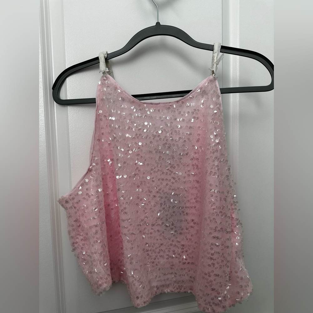 Eloquii Pink Sequin Tank Top with Rhinestone Straps